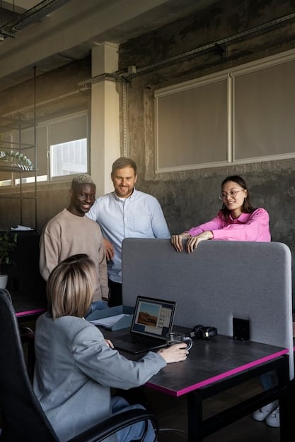 A diverse group of professionals collaborating in a modern office setting, with subtle digital overlays suggesting AI-powered tools assisting their work, emphasizing human-AI collaboration rather than displacement.