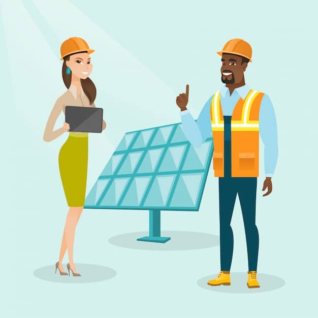 A worker in a hard hat explaining the grid connection of a solar panel array to a small business owner, emphasizing the integration of new energy sources.