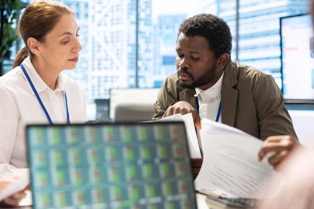 A diverse group of business executives reviewing a detailed policy document on energy transition guidelines, with charts and graphs on a large screen in the background.