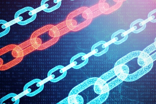 A digital chain with several interconnected links, some highlighted in red to signify a broken or compromised link, illustrating a supply chain attack.