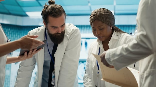 Diverse group of scientists and engineers, some in lab coats, collaborating around a complex quantum computing device, symbolizing public-private partnership and synergistic research.