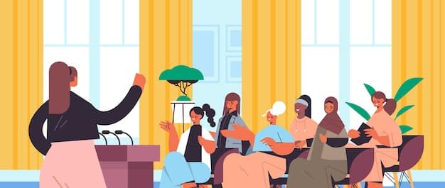 A diverse group of people engaged in a town hall meeting, discussing and debating the use of technology, symbolizing public discourse and democratic participation in shaping the future of facial recognition policy.