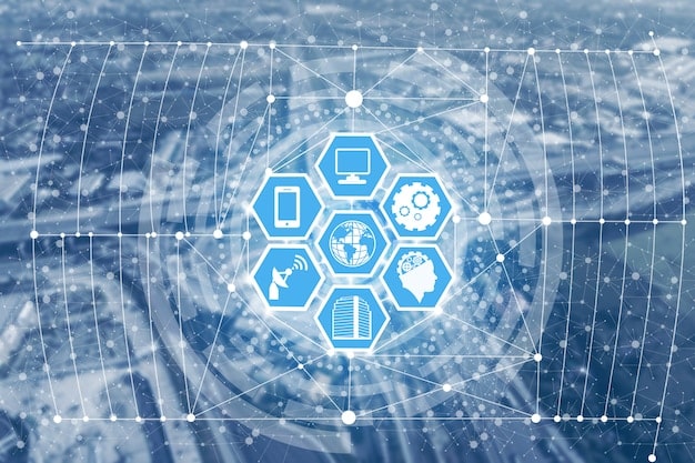 A complex network of interconnected devices and databases, visualizing healthcare data interoperability.