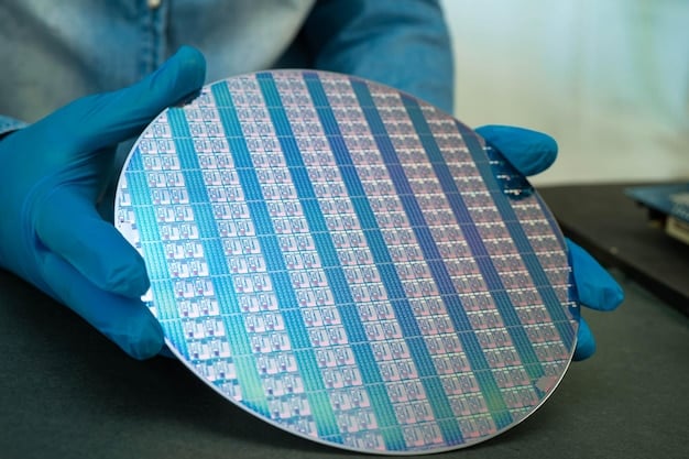 A close-up, high-tech image of a silicon wafer being processed in a cleanroom, symbolizing the critical semiconductor manufacturing race.