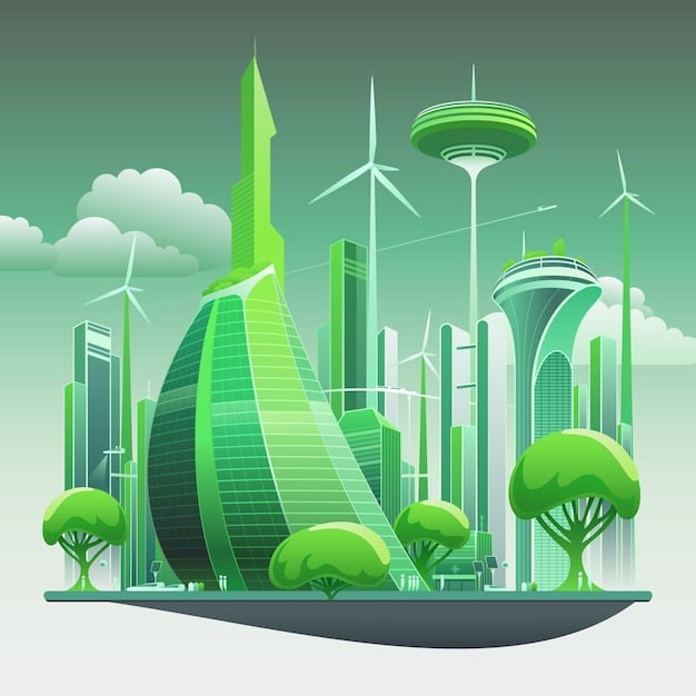 A detailed illustration of a futuristic cityscape powered by green energy, with wind turbines and solar panels integrated into the infrastructure, contrasting with traditional power sources in the background.