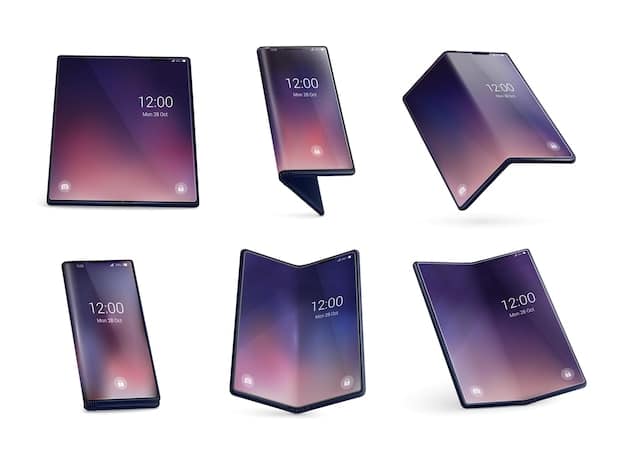 A sleek, modern foldable smartphone unfolded to a tablet size, displaying a productivity app. The background shows a bright, minimalist workspace, emphasizing the device's utility for both work and personal use.