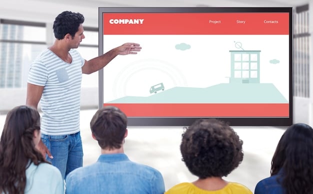 A teacher instructing a class using a digital learning platform displayed on a large interactive screen, emphasizing blended learning.