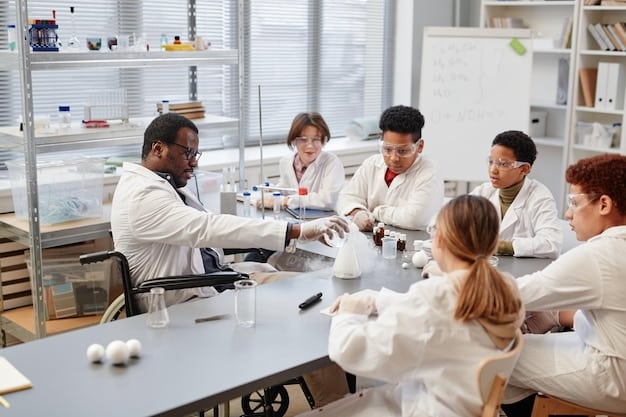 A diverse group of young engineers and technicians in a university lab setting, actively engaged with circuit boards and microscopic equipment, symbolizing innovation and hands-on learning in semiconductor design.