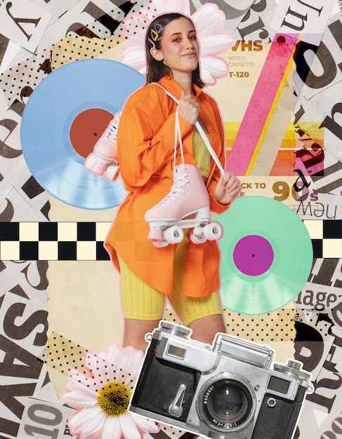 A fashion mood board filled with collaged images of 90s music icons, movie stills, and runway looks, creatively arranged to show connections to modern fashion sketches and fabric swatches, illustrating the seamless transition from past to present trends.