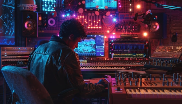 A music producer working in a modern studio, surrounded by sound equipment and mixing boards, representing the creative process behind new music.