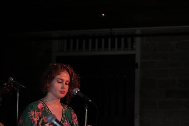 A female vocalist performing an acoustic set in a cozy, intimate venue, bathed in warm stage lights, connecting with the audience.
