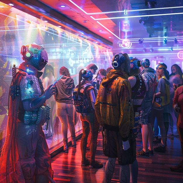 A diverse group of people wearing VR headsets, gesturing as if dancing in a futuristic, neon-lit virtual concert space, with abstract musical notes flowing around them.