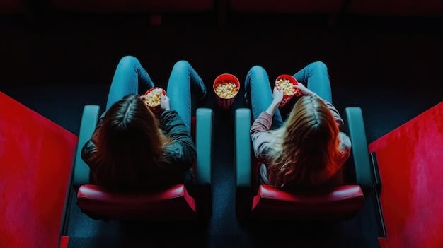 A split image showing two contrasting scenarios: one side depicting a packed movie theater audience for a superhero film (pre-pandemic feel), and the other side showing a family comfortably watching a superhero series on a large TV screen at home, illustrating the dual distribution model.