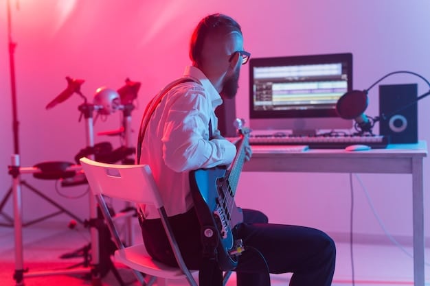 A music producer working in a modern studio setup, illuminated by soft, colorful lights emanating from computer screens displaying audio waveforms and trending TikTok sounds, symbolizing the integration of digital trends into music creation.