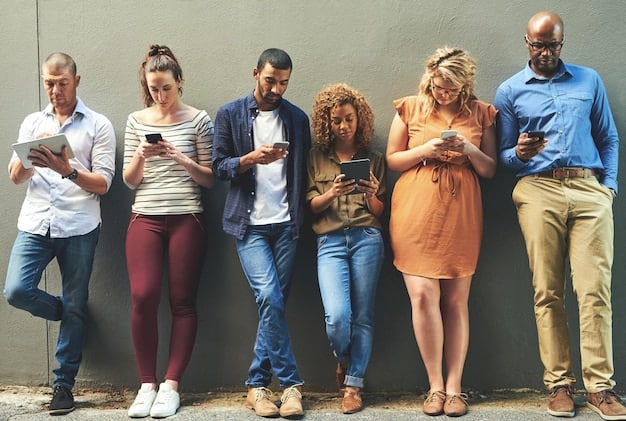 A diverse group of people, young and old, looking at their smartphones, with blurred images of various celebrity faces and product logos reflected on their screens, illustrating widespread digital influence. Contemporary, vibrant.