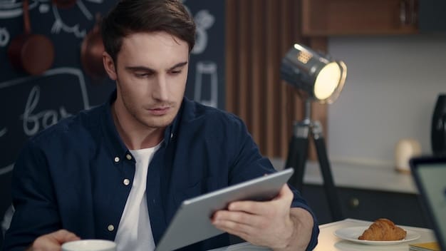 A casting director thoughtfully scrolling through various social media profiles on a tablet, with a diverse array of candid digital photos and trending hashtags visible, representing the modern approach to selecting reality TV participants.