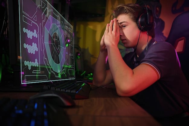 A gamer frustrated by a pixelated and laggy screen, illustrating the common pain points of poor internet connection for cloud gaming, with network icons indicating low signal.