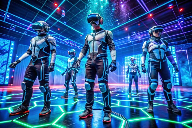 A brightly lit, futuristic esports arena in the metaverse, with digital avatars cheering in grandstands as two teams of advanced, glowing avatars battle it out on a central, holographic stage.