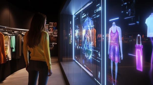 A cutting-edge virtual retail store in the metaverse, displaying digital fashion items on realistic avatars, with interactive screens and lush, futuristic architectural design.