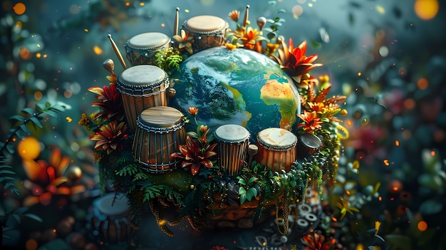 An artistic representation of diverse musical instruments from various cultures around a central globe, with sound waves emanating outwards, symbolizing global music influence and unity.