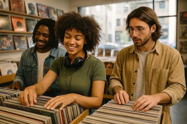 A diverse group of young adults browsing through vinyl records in a bright, modern record store, showcasing the social aspect of collecting.