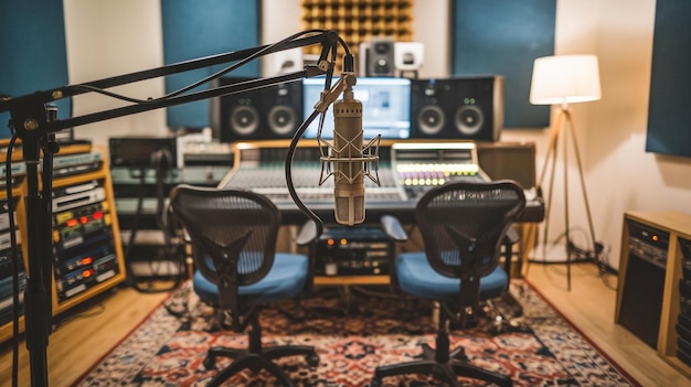 A radio studio merging with a podcast recording setup, showing blend of traditional microphones next to modern digital audio interfaces, symbolizing the convergence of audio media, with sound waves flowing between them.