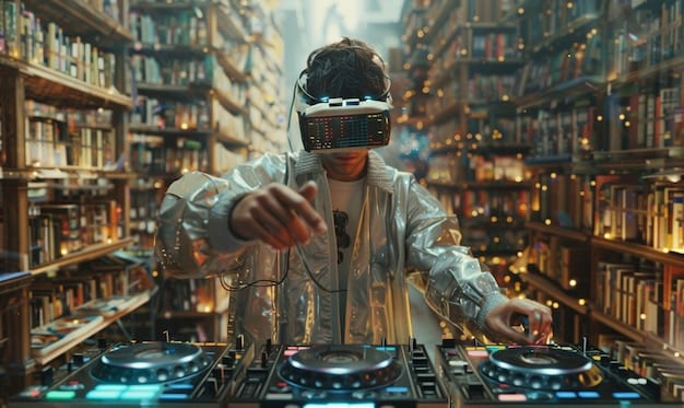 A futuristic music studio with a human composer wearing VR goggles, interacting with holographic representations of musical notes and AI-generated waveforms, blending traditional instruments with advanced digital interfaces.