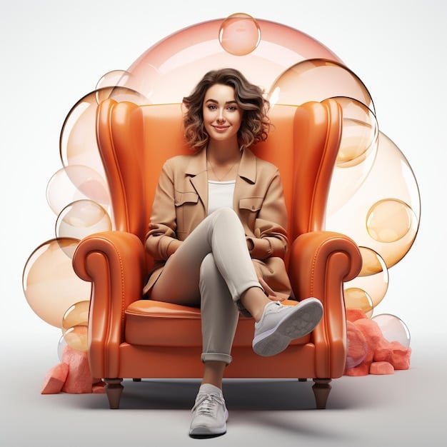 A young woman sitting on a couch, engrossed in her phone, surrounded by branded products subtly integrated into her living space, illustrating product placement and consumer engagement.