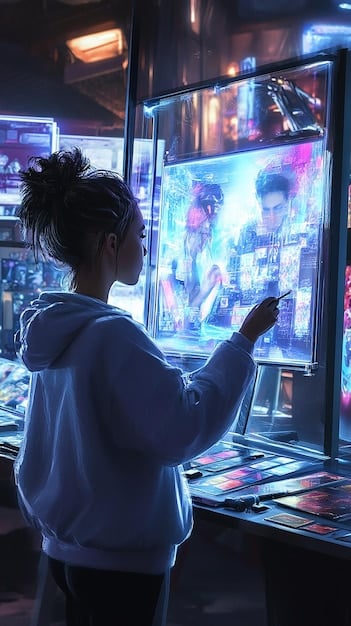 A digital artist in a high-tech studio collaborating with a complex, glowing AI interface on a large holographic display, depicting seamless human-AI creative partnership in animation or film production.