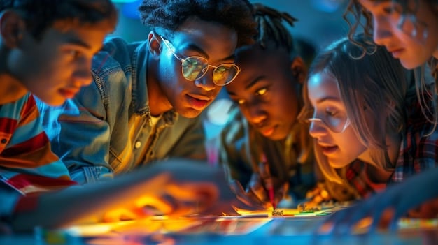 A diverse group of young adults enthusiastically collaborating around a holographic projection of a shared creative project, illustrating dynamic fan engagement and co-creation with digital tools.