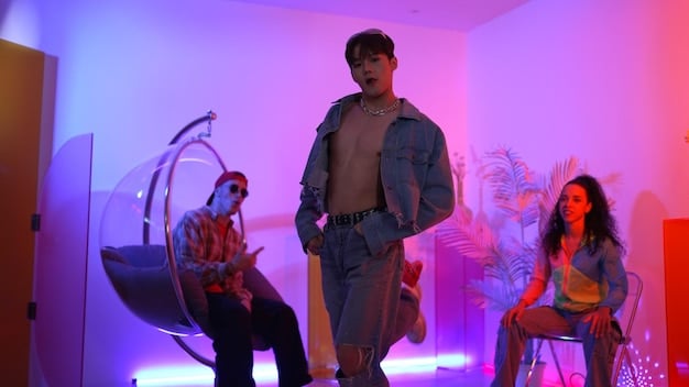 A diverse group of pop music artists collaborating in a futuristic studio, surrounded by holographic displays of music data and financial charts, symbolizing innovation and adaptation in the face of changing royalty models.