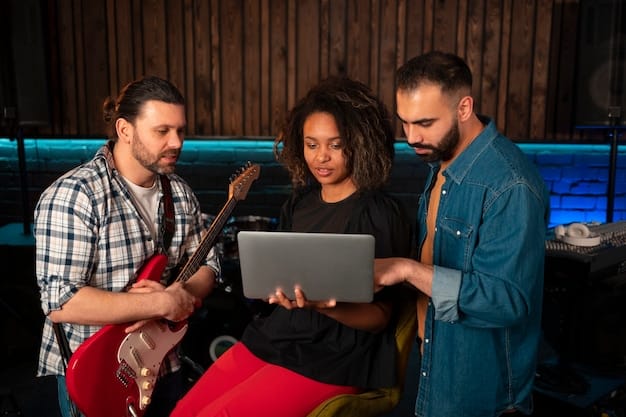 A diverse group of independent musicians collaborating and celebrating success while reviewing real-time analytics on a large screen displaying positive streaming data.