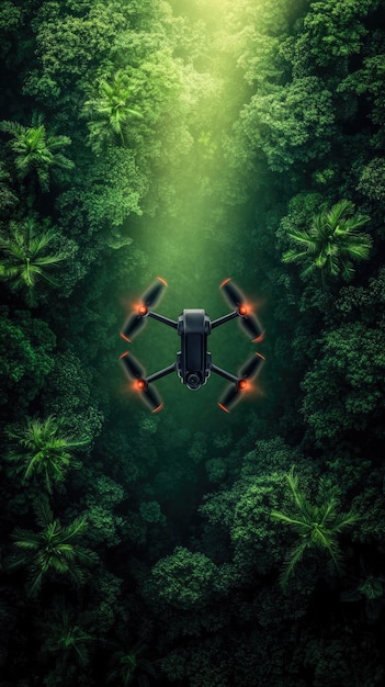 A drone flying over a dense forest, equipped with sensors, against a backdrop of a clear sky, symbolizing technological intervention in wildfire management.