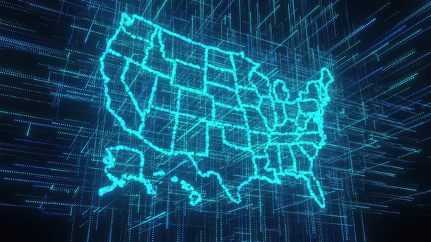 A conceptual image showing a smart grid overlaid on a map of the United States, with power lines connecting various renewable energy sources like wind turbines and solar panels to electric vehicle charging stations, illustrating energy flow and infrastructure.