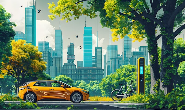 A serene, futuristic cityscape with clean air and lush green spaces, where electric vehicles are quietly driving on the streets, emphasizing environmental benefits and urban tranquility.