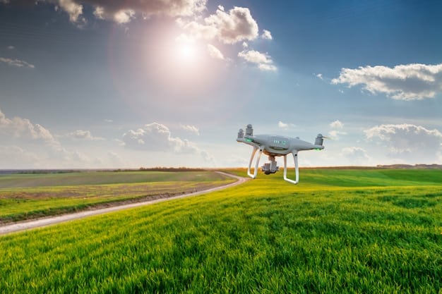 A drone flying over a highly advanced sustainable farm, equipped with sensors, automated irrigation, and solar panels, contrasting with an adjacent conventional field to illustrate technological integration.