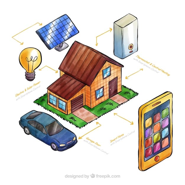 A detailed diagram showing the various components of a home solar energy system, including panels, inverter, battery storage, and connections to the grid and home electrical panel.