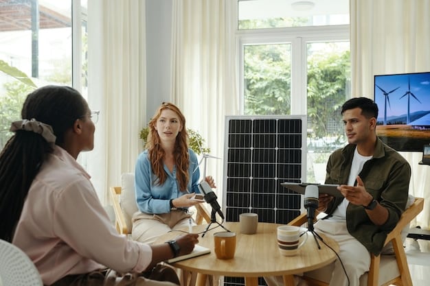A diverse group of people discussing solar panel benefits in a community meeting, highlighting the social and economic impact on neighborhoods.
