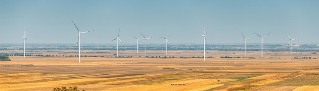 A large, modern wind farm with numerous turbines turning in unison on a sunny day, showcasing renewable energy generation in a vast landscape.