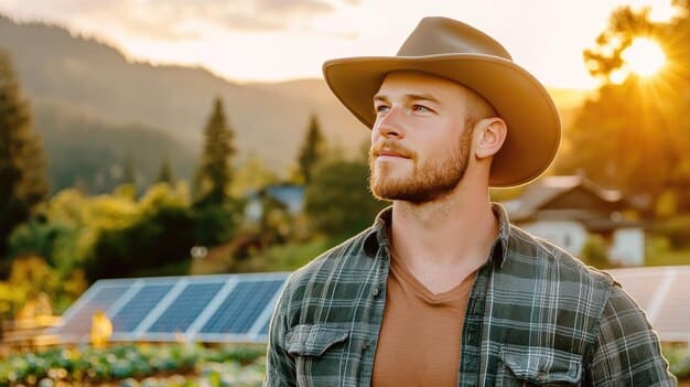 A successful conservative farmer, wearing a cowboy hat, inspects a healthy field with solar panels in the background, symbolizing the integration of sustainable practices and renewable energy within traditional conservative sectors. The setting sun casts a golden glow on the crops.