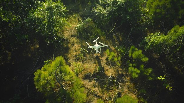 A close-up of a drone flying above a forest canopy, suggesting aerial monitoring for illegal activities.