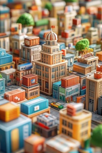 A visual representation contrasting a large, multi-story corporate building with several small, diverse storefronts, symbolizing the economic scale difference between large corporations and SMEs.