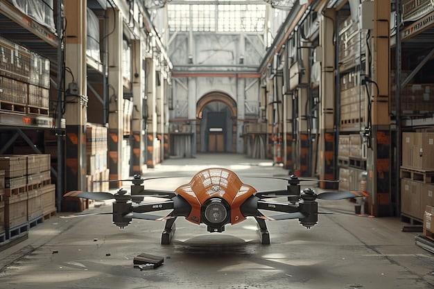 A drone flying over a modern, automated warehouse with robotic arms moving packages, symbolizing innovation in logistics and supply chain management.