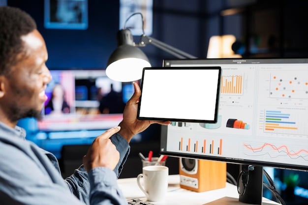 A marketer analyzing digital charts and graphs on multiple screens, showing SEO analytics, social media reach, and conversion funnels, set in a modern office.
