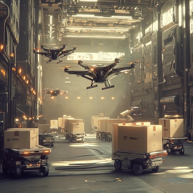 A drone hovering over a modern automated fulfillment center with robots sorting packages, illustrating advanced logistics and future supply chain efficiency.