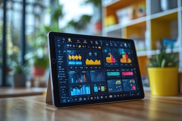 A digital dashboard displaying financial metrics like cash flow, accounts receivable, and inventory levels. The graphics are clean and modern, suggesting efficiency and real-time management. In the background, a small, focused team is collaborating around a project plan, reinforcing the idea of streamlined operations.
