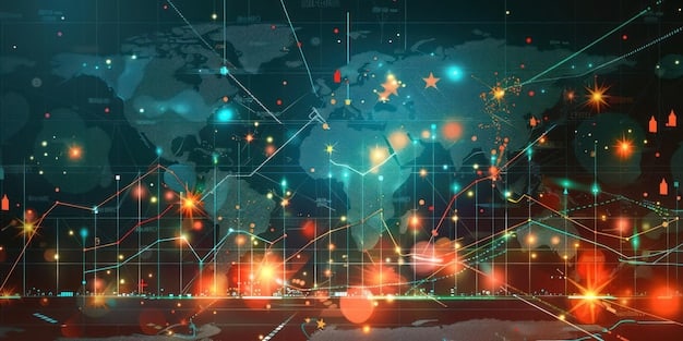 Digital representation of intertwined global supply chains, with some links highlighted in red, indicating friction and tariffs, against a backdrop of fluctuating stock market graphs.