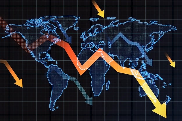 A detailed world map with arrows representing global trade flows under pressure, some highlighted in red, with national flags superimposed on countries. A magnifying glass hovers over a disrupted trade route.