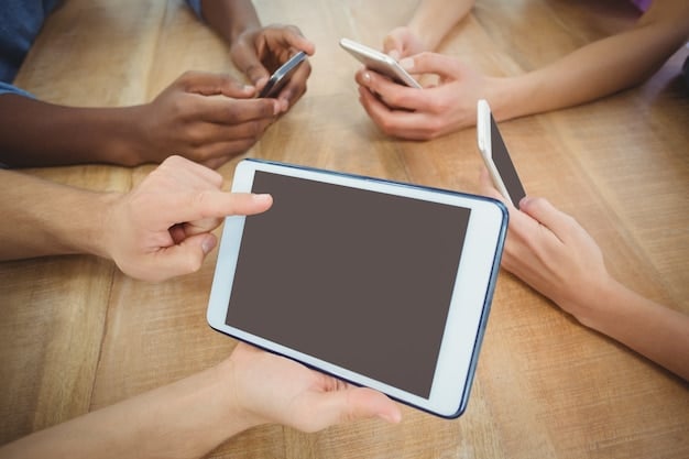 An image depicting diverse hands collaborating around a central tablet displaying customer feedback charts and positive review icons, symbolizing a customer-centric business approach and collaborative problem-solving.