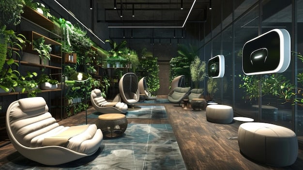 A sleek, modern commercial office interior with collaborative workspaces, natural lighting, and green plants, symbolizing innovative design.